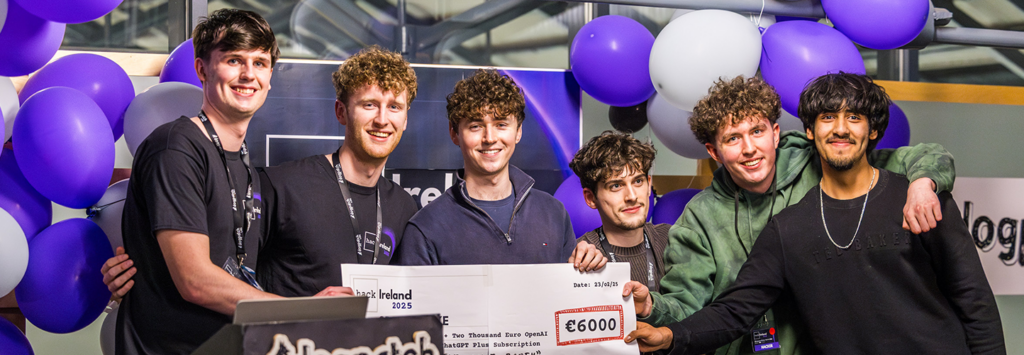 Immersive Software Engineering at University of Limerick student Fiona Barrett (third from right) celebrates winning Hack Ireland grand prize with team mates